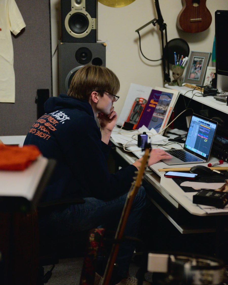 Gibson Wells working on a mix at the Vision Haus desk